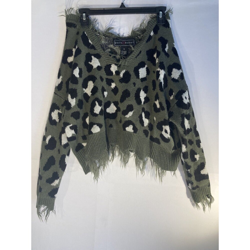 Polly & Esther Distressed Leopard Sweater Womens M Green Animal Crop Fringe